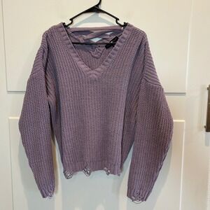 Love On The Horizon Dusty Lavender Distressed Knit V Neck Sweater‎ Womens XL